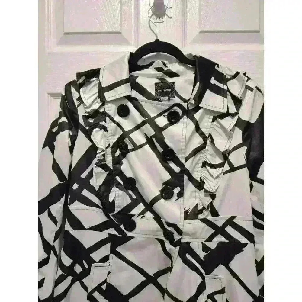 My Michelle black and white ruffled pea coat jacket size LARGE Square button Y2K - Picture 3 of 8